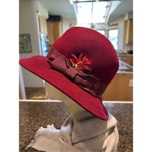 Women's Deep Red Wool Cloche Hat with Decorative Bow and Feather